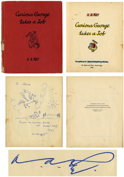 H.A. Rey Signed Drawing of Curious George, Drawn Inside Curious George Takes a Job